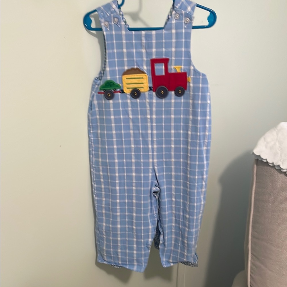 Blue Checkered Overalls with Train Design
